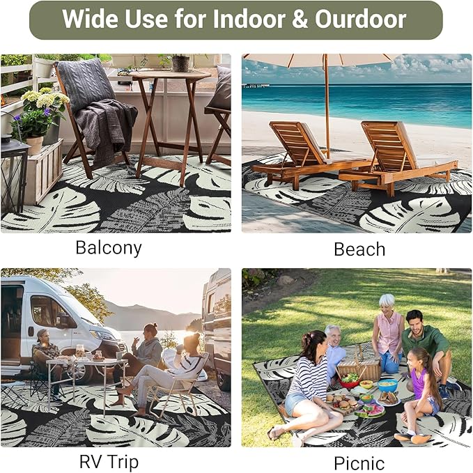 GAOMON Waterproof 8x10 Outdoor Rug Reversible Plastic Straw Rug Modern Patio Carpet, Foldable Lightweight RV Camping Mat with Portable Bag & 4 Stakes, UV Resistant & Sturdy for Picnic, Beige-Ruum Studio Home