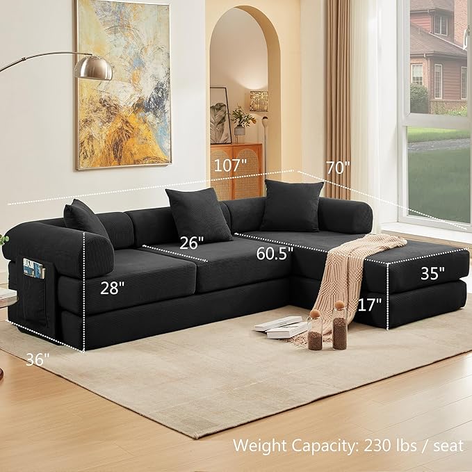 107" Oversized Convertible Sleeper Sofa Bed, Corduroy L Shape Sectional Couch, Folding Sofa Bed with Side Pocket, Modern Cloud Floor Mattress Couch, Modular Sofa for Living Room, Black-Ruum Studio Home