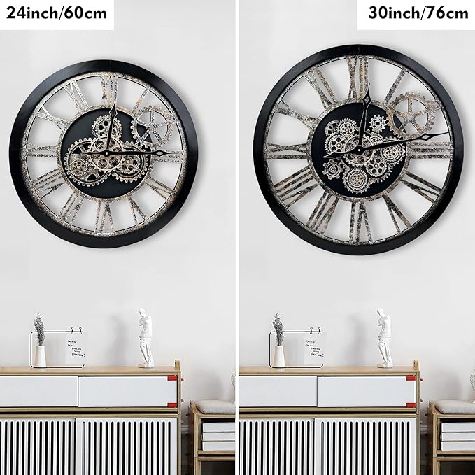 The B-Style Large Real Moving Gears Wall Clock 30 inch Rustic Retro Industrial Farmhouse Wood Clock Oversized Decorative Vintage Wall Clocks for Living Room (Black)-Ruum Studio Home