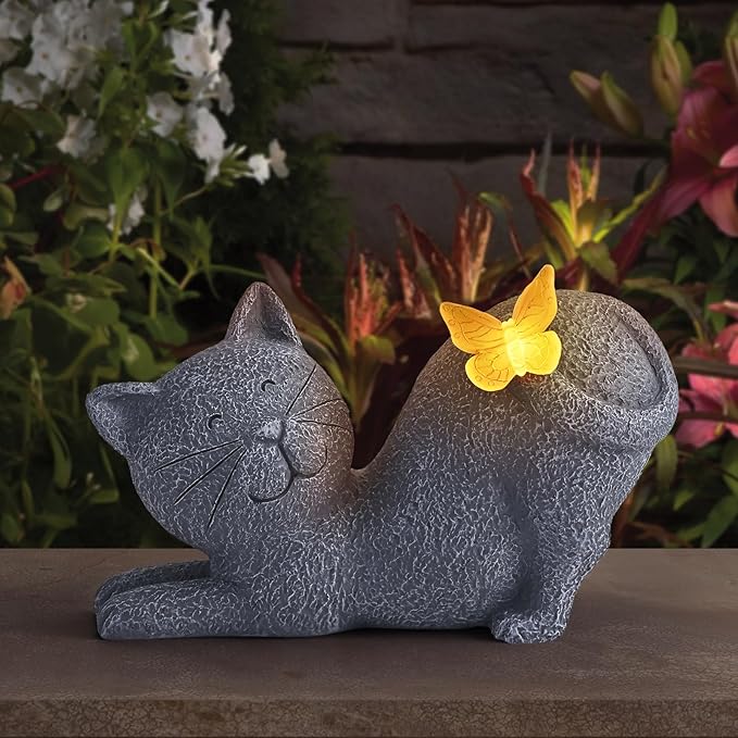 Solar Cat Garden Statue with Glowing Butterfly, Outdoor Resin Cat Figurine with Solar Light, Waterproof Yard Decor for Patio, Lawn, Porch, and Unique Garden Gifts for Cats Lovers-Ruum Studio Home