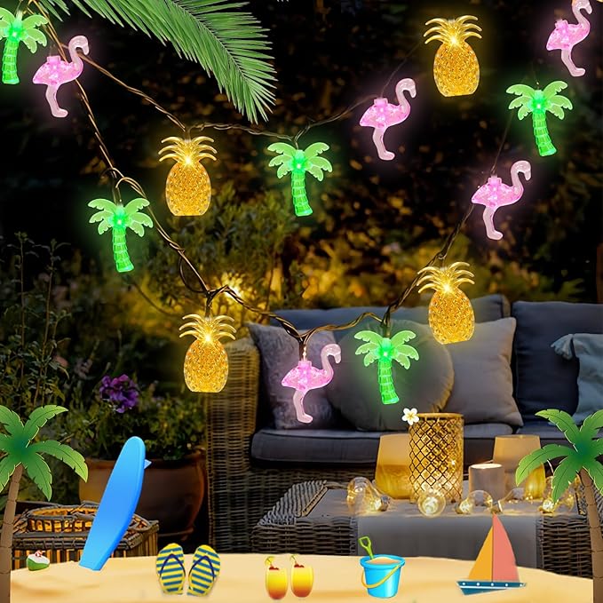 Couah 30 LED 16Ft Summer Beach Hawaiian String Lights - 8 Modes & Timer - Flamingo Pineapple Palm Tree Fairy Lights - Battery Operated for Tropical Party Pool Decorations-Ruum Studio Home