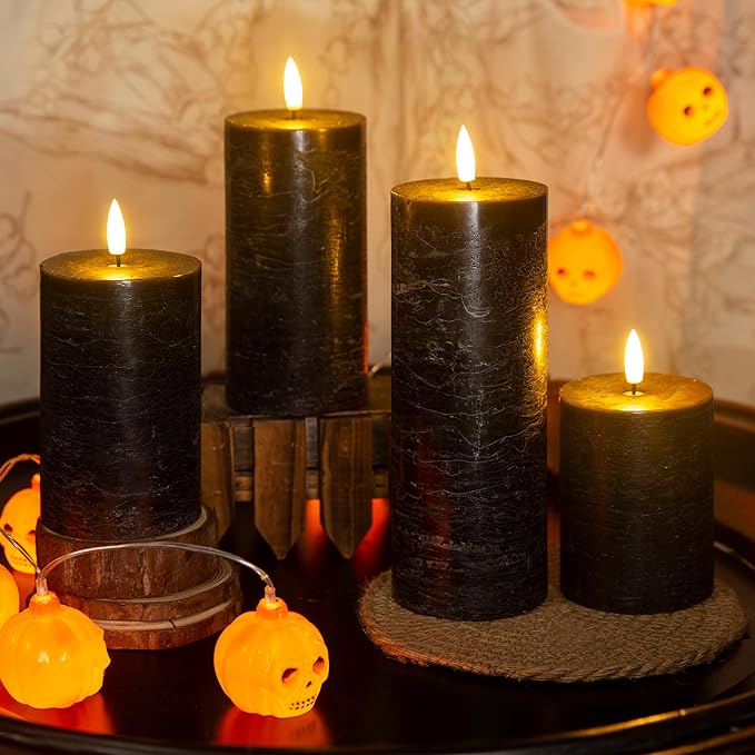Halloween Flameless Candles, 4 Pack Battery Operated Halloween Candles with Remote, Wax LED Fake Pillar Candles Fireplace/Shelf Decor D3 H 5" 6" 7" 9" Black-Ruum Studio Home