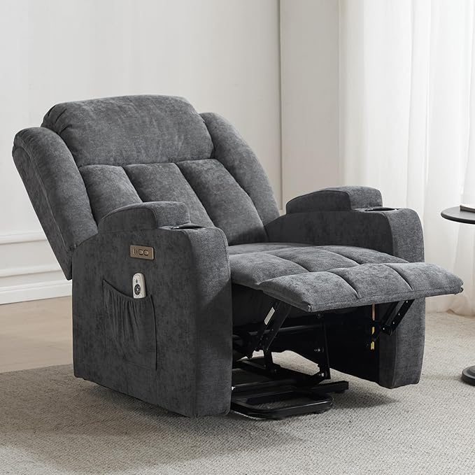 Power Lift Recliner Chair for Elderly with Massage and Heat, Recliner Chairs for Adults, Upgraded Fabric Reclining Sofa Chair with USB & Type-C Ports and Cup Holders, L1188(Grey)-Ruum Studio Home