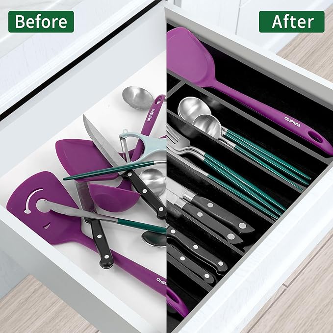Utoplike Bamboo Silverware Drawer Organizer, Expandable Kitchen Utensils Drawer Organiser, Cutlery Tray Dividers, Flatware Caddy Drawer Insert, Office Supplies, Black 5-7 Slot-Ruum Studio Home
