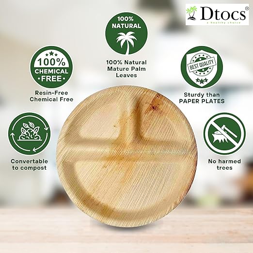 Dtocs 3 Compartment Plates (50 Pc) Palm Leaf 10 Inch Round Portion Control Buffet Sectional Plate | Bamboo Plates Disposable Like Compostable Camping Dinnerware Stronger than Divided Paper, Styrofoam-Ruum Studio Home