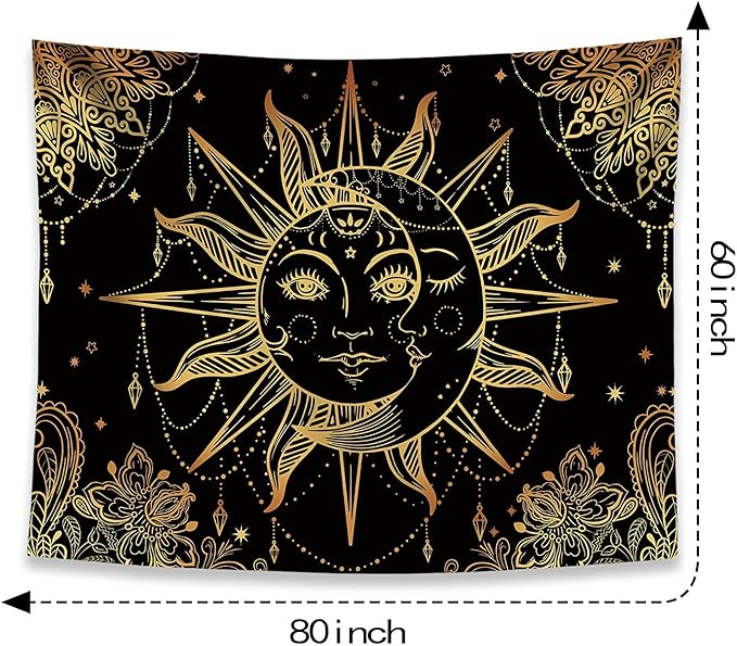 Lunerfex Hippie Sun and Moon Tapestry Bohemian Tapestry Aesthetic Cute Tapestries for Bedroom and Living Room Decor Sun 60×80 Inches-Ruum Studio Home