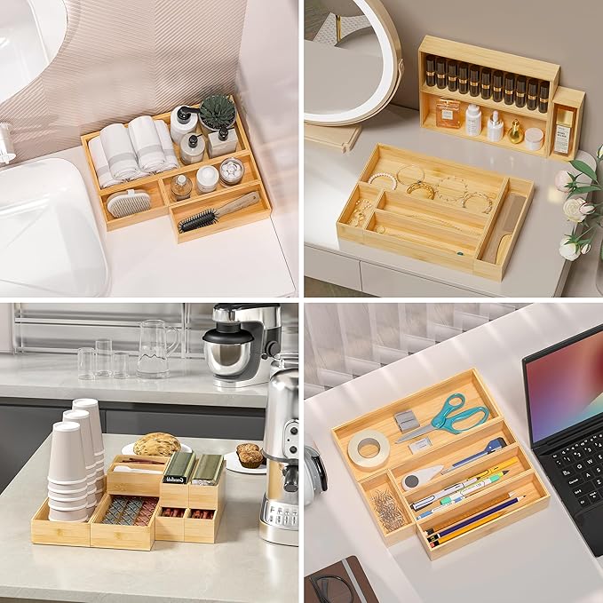 Kitchen Drawer Organizer Bins, Stackable Bamboo Deep Drawer Organizer for Silverware, Utensils, Cutlery, Flatware, Junk Drawer, Dresser, Bathroom, 15" x 6" x 2.5" (Set of 2)-Ruum Studio Home