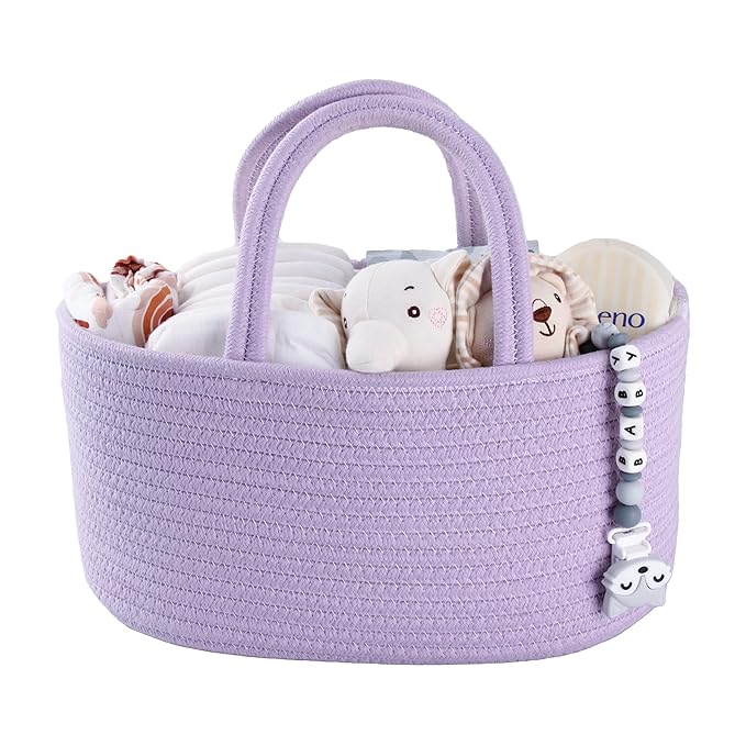 Baby Diaper Caddy Organizer Cotton Rope Nursery Storage Bin Basket Portable Holder Tote Bag for Changing Table Car Travel Baby Shower Gifts Newborn Essentials Registry Must Have Purple or Lavender-Ruum Studio Home