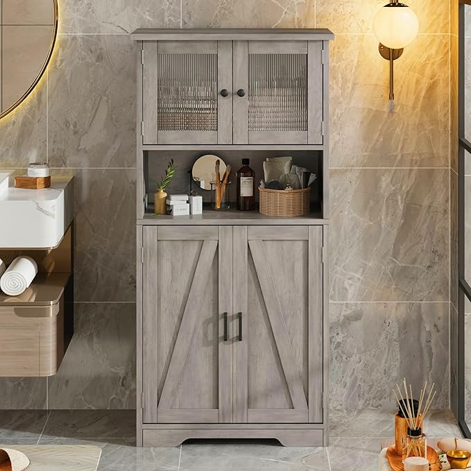 GarveeHome 54in Tall Bathroom Cabinet, Farmhouse Storage Cabinet with Glass Doors and Adjustable Shelves, Freestanding Kitchen Pantry Cabinets, Cupboard for Living Room, Dining Room, Gray-Ruum Studio Home