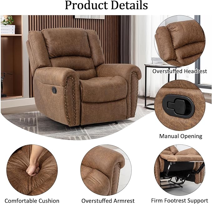 CANMOV Leather Recliner Chair, Classic Breathable Manual Recliner Chair with Comfortable Arm and Back Single Sofa for Living Room, Camel-Ruum Studio Home