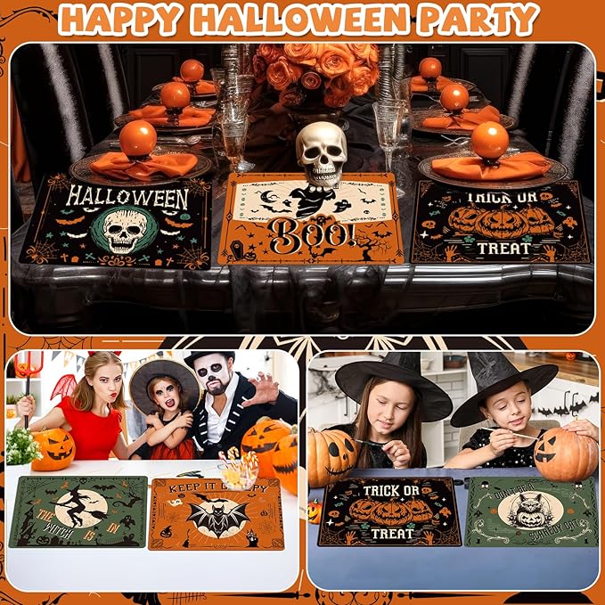 Halloween Placemats Set of 6 Gothic Bat Plastic Table Mats Pumpkin Witch Skull Ghost Halloween Place Mats Washable Vinyl Rustic Table Decoration for Indoor Outdoor Party Kitchen Dining-Ruum Studio Home