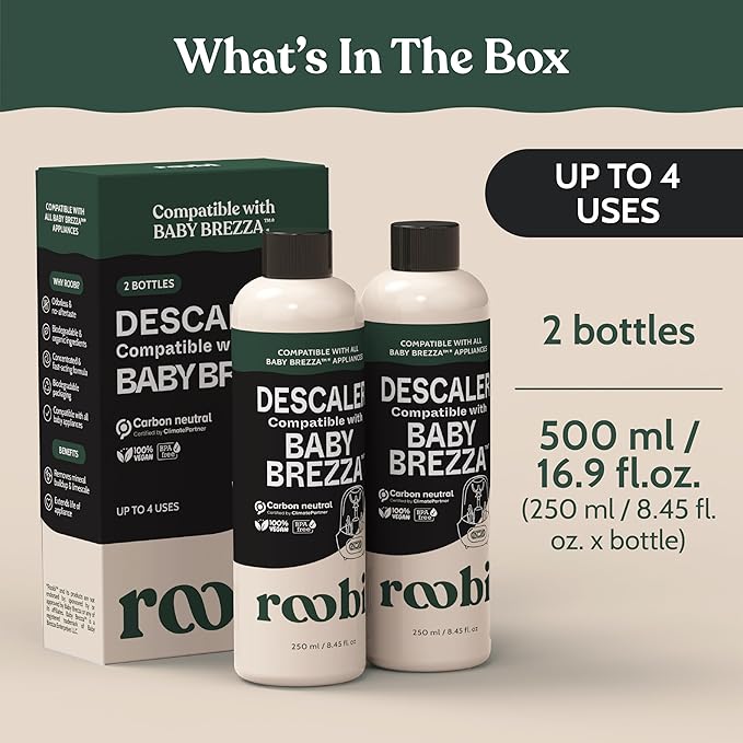 Roobi Descaling Solution Compatible with Baby Brezza. Specially Formulated to Clean & Descale Baby Appliances. Up to 2 Uses per Bottle, 2 Pack. Carbon Neutral.-Ruum Studio Home