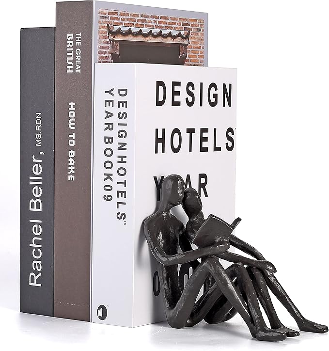 Ambipolar Romantic Reading Couple Bookshelf Decor, Cast Iron Bookend, Aesthetic Room Decor, Office Desk Decor, Home Decorative Bookend for Heavy Books, Satin Black-Ruum Studio Home