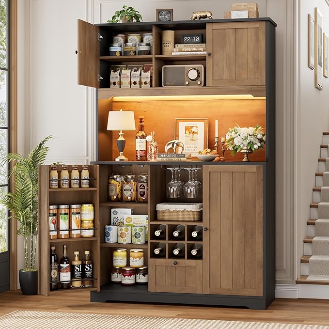 FINETONES 71" Pantry Cabinet with LED Light and Charging Station, Kitchen Pantry Cabinet with Microwave Stand, Kitchen Hutch Food Storage Cabinet with Outlet and Wine Racks, Black/Brown-Ruum Studio Home