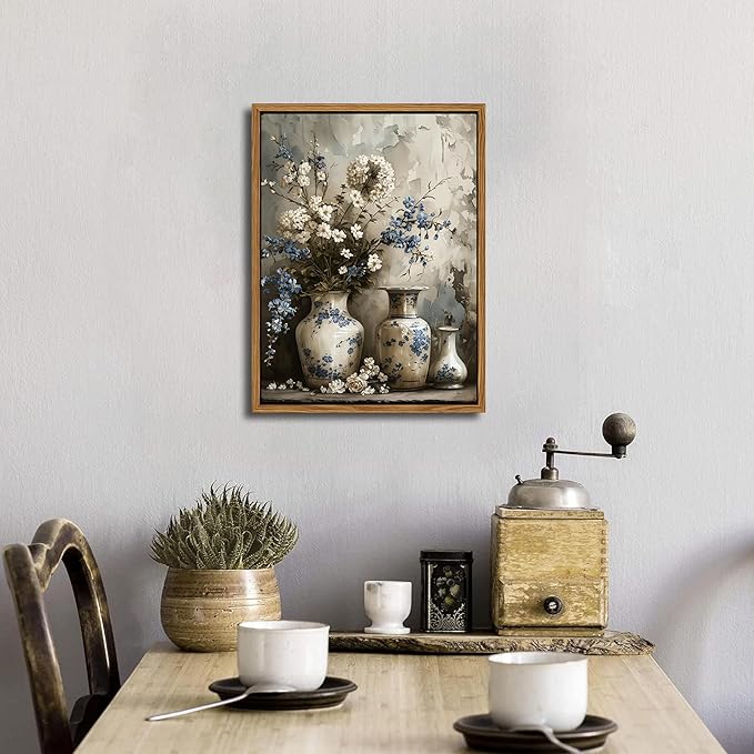 Floating Framed Farmhouse Floral Canvas Wall Art, Vintage Blue and White Flower Pictures Wall Decor, Elegant Art Jar Posters Print for Living Room Bedroom Bathroom Rustic Decor 12x16 inch-Ruum Studio Home