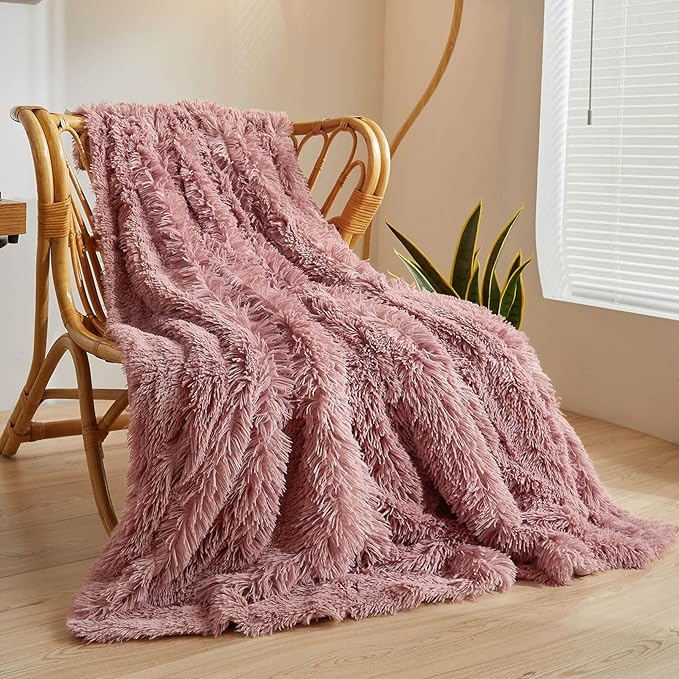 XeGe Plush Faux Fur Throw, Dusty Pink Luxurious 50x60 Shaggy Furry Blanket, Fluffy Microfiber Velvet Couch Throw, Ultra Soft Warm Fuzzy Lap Blanket for Sofa Bed Chair Car Office, Dusty Pink-Ruum Studio Home
