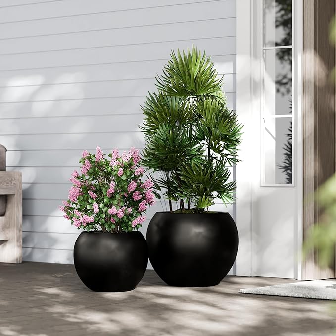 DTY Signature Mount Sherman Lightweight Durable Modern Fiberstone Sphere Planter for Indoor & Outdoor Drainage Hole & Rubber Plug Weather Resistant, 13.5" H x 17" Dia, 12" Opening- Medium, Black-Ruum Studio Home