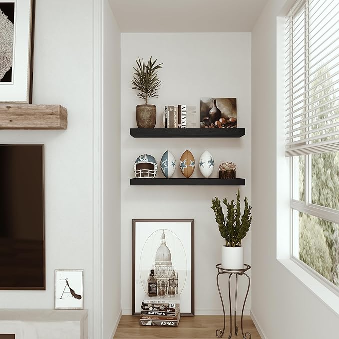 Black Floating Shelves for Wall Mounted, 24 inchs x 9.1” Deep x 1.5” Thick Wall Shelves for Bedroom, Living Room, Bathroom，Kitchen, Office, Home Decor Shelf with Invisible Bracket - Set of 2-Ruum Studio Home