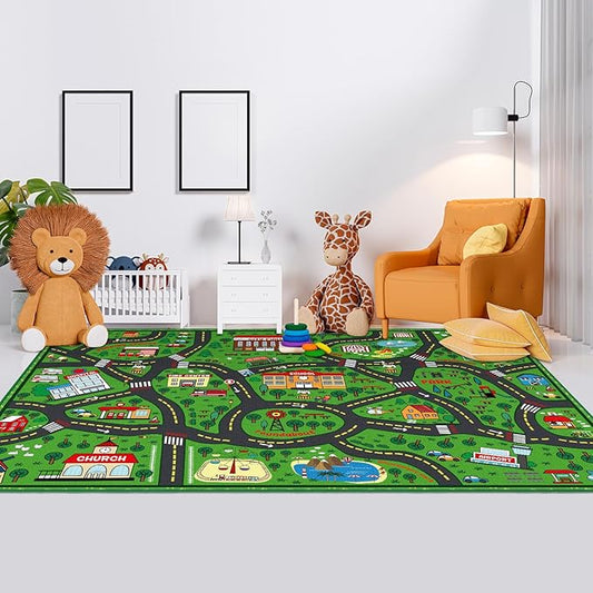 Kids Carpet Playmat Rug 6 x 9 ft Player Car Rug, City Life Traffic Road Map Mat Educational Game Area Mat for Toddler Children Playroom Classroom Bedroom(Green)-Ruum Studio Home