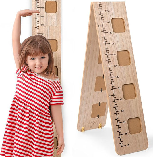 Wooden Growth Chart for Wall - Foldable Height Chart for Kids with Picture Slots - Milestone Tracker Measuring Board with Mounting Hooks - Easy Installation, Smooth Finish, Neutral Color-Ruum Studio Home