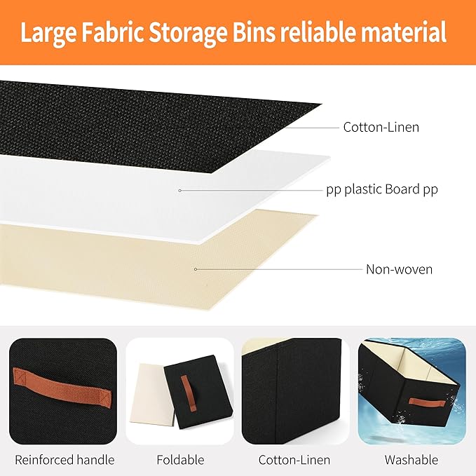 linen closet organizers and storage, 3 Pack Large Storage Baskets, Washable, Clothing Storage Bins with Handle, Closet Organizer for Storage Sweater,Sheets (Black, 18½"x11"x8½")-Ruum Studio Home
