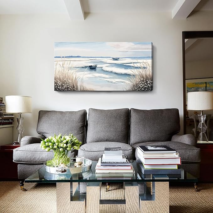 amatop Large Canvas Art Wall Decor for Bedroom Living Room –Rustic Coastal Ocean Artwork for Walls with Sailboat and Waves – Blue and White Nautical Beach Seascape Canvas Print 48x24 Inch-Ruum Studio Home