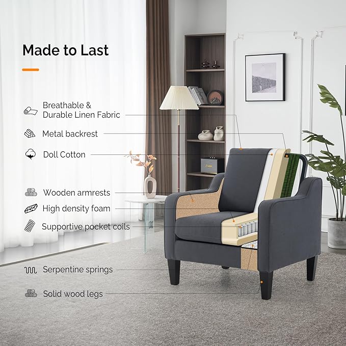 VINGLI Accent Chairs Set of 2 Living Room Chairs Dark Grey Reading Chair for Bedroom Scooped Arm Chair Mid Century Modern Linen Chairs Upholstered Comfy Chair for Apartment, Waiting Room-Ruum Studio Home
