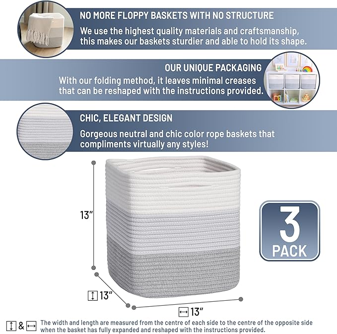 NaturalCozy 13 Inch Cube Storage Bins Cotton Rope Woven Baskets for Organizing 3-Pack | 13 x 13 Storage Cubes | Fabric Square Storage Baskets for Shelves Organizer, Kids Toy Bins, Closet Baby Nursery-Ruum Studio Home