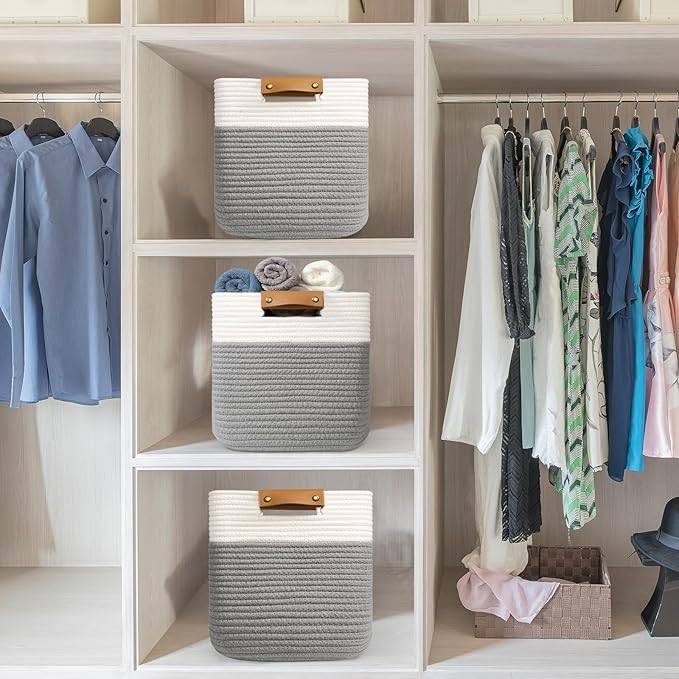 danpinera 3 Pack 11"x11" Woven Basket for Organizing, Square Storage Baskets for Pillows, Towels, Toy, Clothes, Magazines, Decorative Storage Cubes for Bedroom, Living Room, Classroom, Grey-Ruum Studio Home
