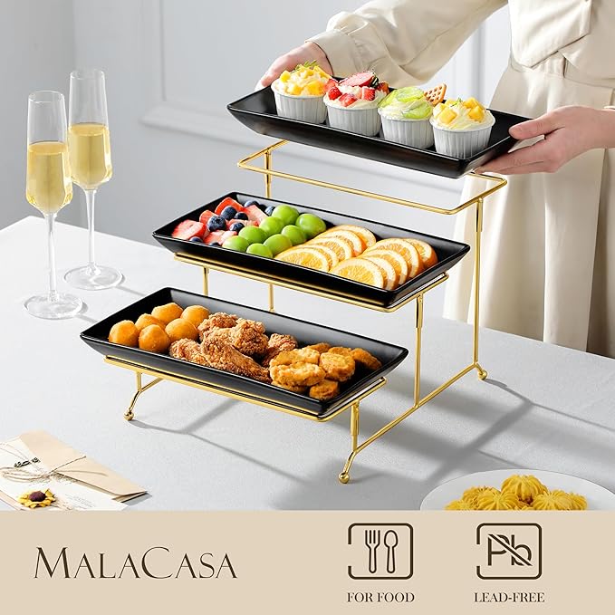 MALACASA 3 Tier Serving Trays for Party, 12 Inch Porcelain Black Trays for Serving Food, Dessert Stand with Collapsible Gold Metal Rack-Ruum Studio Home