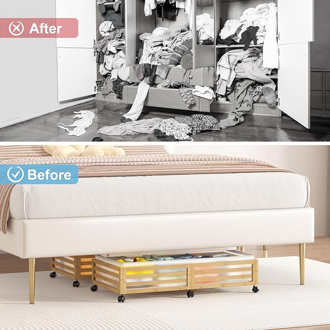 Under Bed Storage Containers With Wheels - 2 Pcs Large Bamboo Wood Rolling Underbed Shoe Storage Bins With Dust Bags for Clothes Blankets, Duvet Covers Snacks Toys (Natural)-Ruum Studio Home