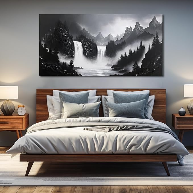 Mountain Hand Painting Wall Decor For Living Room - Extra Large Waterfall Pictures Wall Art For Office - Landscape Canvas Wall Art For Bedroom Size 36 x 72 Inch-Ruum Studio Home