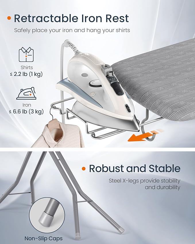 SONGMICS Ironing Board, Foldable Iron Board, Height Adjustable up to 35 Inches, with 4 Layered Cover and Pad, Iron Rest, Hook, Steel X-Legs, for Home, Laundry Room, Dorm, Dove Gray ULLB001G01-Ruum Studio Home