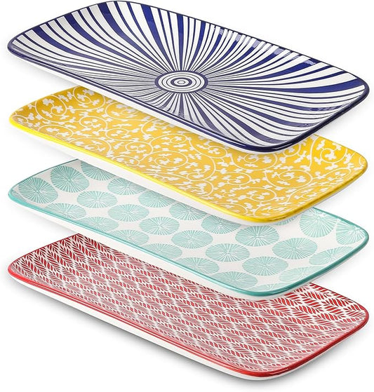 Selamica Ceramic Rectangular Salad Plates Set, Dinner Plate 9.4 Inch Dessert Plates for Party Entertaining, Small Serving Plates for Appetizers, Sushi, Fruit, Set of 4, Assorted Colors-Ruum Studio Home