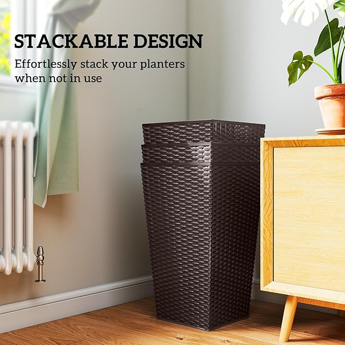 Outsunny Tall Planters for Outdoor Plants Set of 3, 24 in Taper Planters with Drainage Holes, Rattan Decor Plant Pots for Indoor Outdoor Front Porch Patio Backyard, Brown-Ruum Studio Home