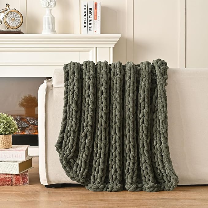Esterra Chunky Knit Blanket Throw, 100% Handmade Chenille Throw Blanket 40"x50", Soft Thick Yarn Cable Knit Crochet Throw Blanket Rope Knot Throw for Couch Bed Sofa, Dusty Olive-Ruum Studio Home