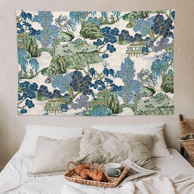 Chinoiserie Tapestry, Asian Watercolor Abstract Art, Japanese Wall Tapestry, Nature Landscape Tapestries for Bedroom, Living Room Decor 90"x60"-Ruum Studio Home
