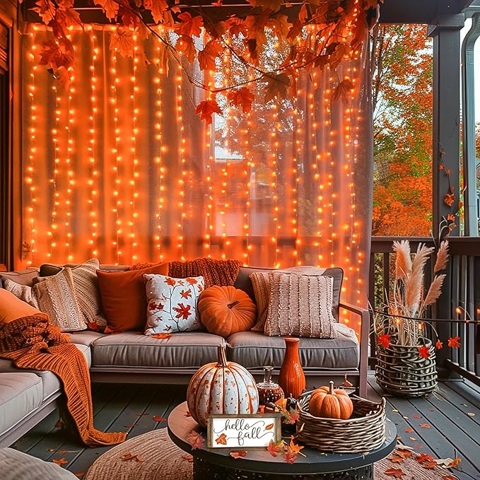 JMEXSUSS 300LED Orange Halloween Lights with Remote, 9.8x9.8ft Halloween Curtain Light, 8 Modes Orange Hanging String Lights Plug in for Fall Bedroom Thanksgiving Window Party Indoor Outdoor Decor-Ruum Studio Home