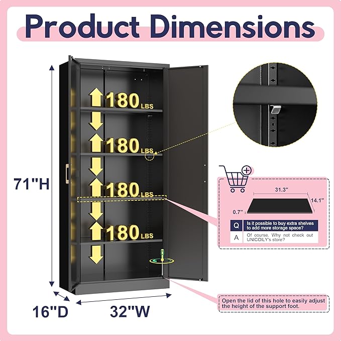 71" Storage Cabinet, Metal Pantry Cabinet, Kitchen Pantry Storage Cabinets with Doors and 4 Shelves for Laundry Room, Living Room, Dinning Room, Assembly Required, Black-Ruum Studio Home