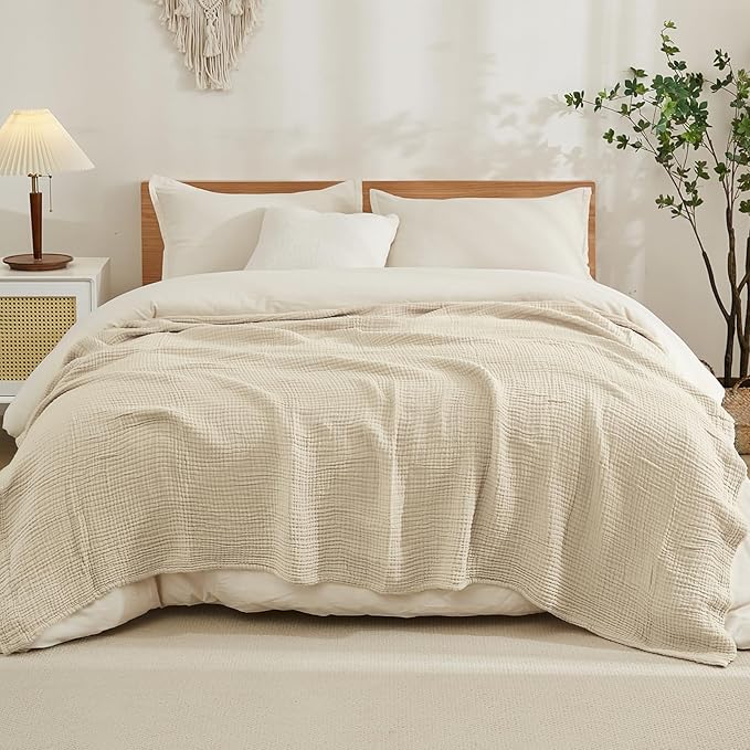 EMME Cotton Blanket King Size for Bed Soft Muslin Blankets 108"x90" Lightweight Breathable Layering Bedspread Coverlet All Season Gauze Blanket, Light Tan-Ruum Studio Home