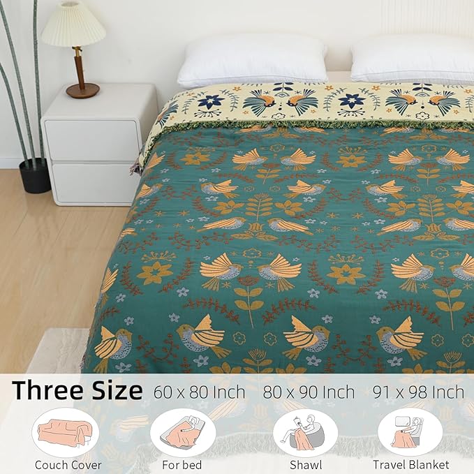 Boho Throw Blanket for Bed, 100% Pure Cotton Ultra Soft Rustic Quilt, Farmhouse Decor Bed Blankets, All Season Rustic Throw for Sofa Couch Chair(91''x 98'', Bird A)-Ruum Studio Home
