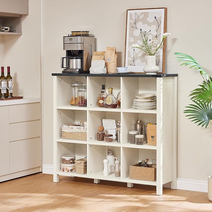9 Cube Bookcase, Farmhouse 47 Inch Wide White Bookshelf, Wooden 3 Tier Display Large Open Book Shelf, Vintage Horizontal Book Case for Home Office, Cubby Storage Cabinet for Living Room-Ruum Studio Home