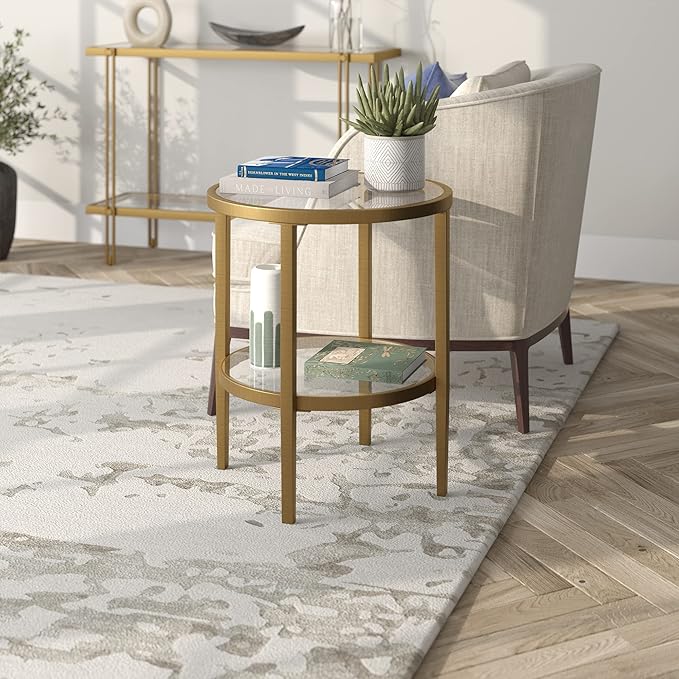 Henn&Hart 20" Wide Round Side Table with Glass Shelf in Antique Brass, Table for Living Room, Bedroom-Ruum Studio Home