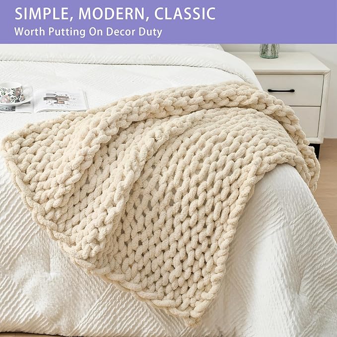 Bigacogo Chunky Knit Throw Blanket for Couch, 40x40 inches, 100% Hand Knitted with Thick Jumbo Chenille Yarn, Cozy Soft Large Rope Knot Cable Crochet Blankets for Sofa Bed Living Room, Beige-Ruum Studio Home