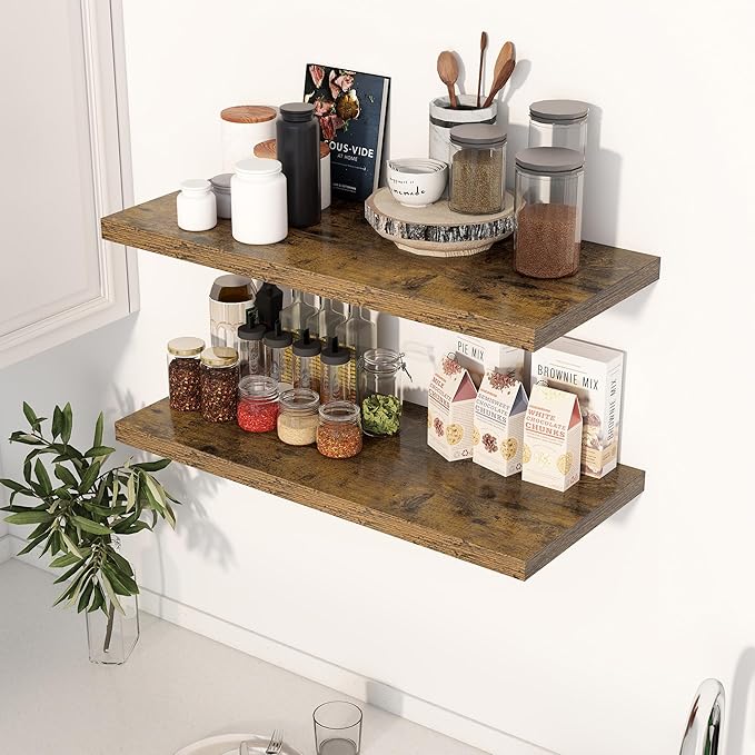 30" Floating Shelves for Wall, 12" Deep Slim Rustic Brown Floating Shelves, Wall-Mounted Shelves for Bedroom, Living Room, Kitchen, Bathroom - Set of 2-Ruum Studio Home
