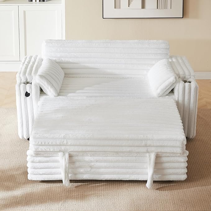 68.11" Corduroy Sleeper Chair Bed with USB Port, Cup Holders & Side Storage Pockets – 3-in-1 Foldable Sofa Bed for Guest Room, Living Room -White-Ruum Studio Home