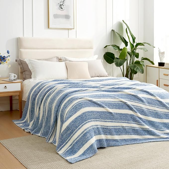 Snuggle Sac Stripe Blue Blankets Luxurious Microfiber Fabric, Reversible Super Soft Bedding Blankets Warm Cozy Knit Fuzzy Plush Blanket for Bed,Couch,Sofa,Living Room, Blue Stripe,60x80 inches-Ruum Studio Home