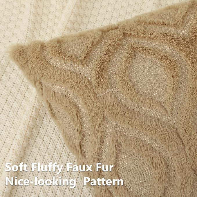 decorUhome Throw Pillow Covers 22x22 Inch Set of 2, Soft Plush Decorative Faux Fur Light Brown Solid Couch Pillow Covers, Accent Farmhouse Neutral Square Euro Pillow Cases for Sofa Bed Living Room-Ruum Studio Home