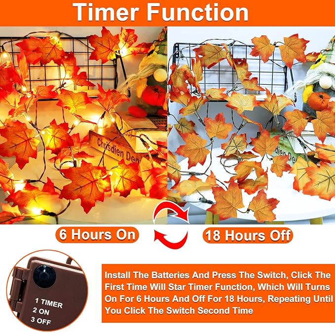 Timer & Thicker Leaves - 2 Pack Fall Garland with Lights Fall Hallowen Decorations Indoor Total 80 Leaves 40LED 13Ft Battery Operated Halloween Garland Thanksgiving Decor Home Indoor Outdoor Christmas-Ruum Studio Home
