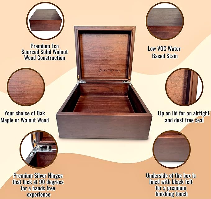 Blake & Lake Wooden Box with Hinged Lid - Solid Walnut Wood Eco Box - Wood Storage Box with Lid - Wooden Keepsake Box - Decorative wooden boxes with lids (Walnut)-Ruum Studio Home